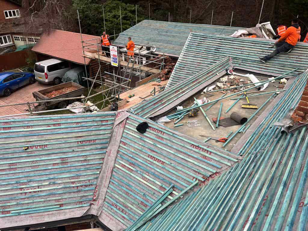 This is a photo of an old roof which has been stripped, and has had new Tyvek covering and battens installed by Northampton Roofing Services