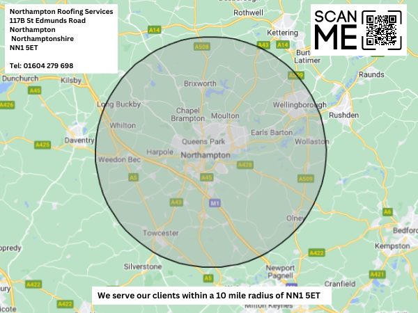 This is a map of the area that Northampton Roofing Services cover. It is 10 miles from our address located at 117B St Edmunds Road, Northampton, Northamptonshire, NN1 5ET